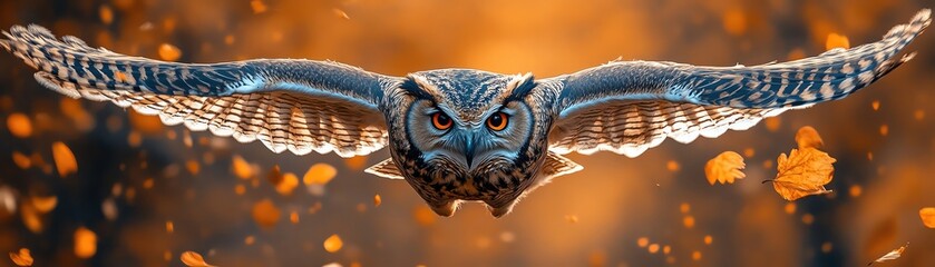Owl with wings spread, intense gaze, bright background
