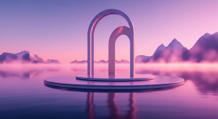 Fototapeta premium Abstract arch structure on a serene lake at sunrise, creating a tranquil atmosphere