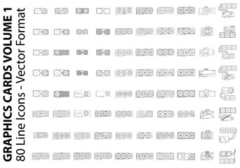 Graphics Cards, GPU, Video Cards - Volume 1 GPU Icon Set - vector line icons of air cooled, water cooled and all-in-one graphics cards - The centre of your PC components and computer parts