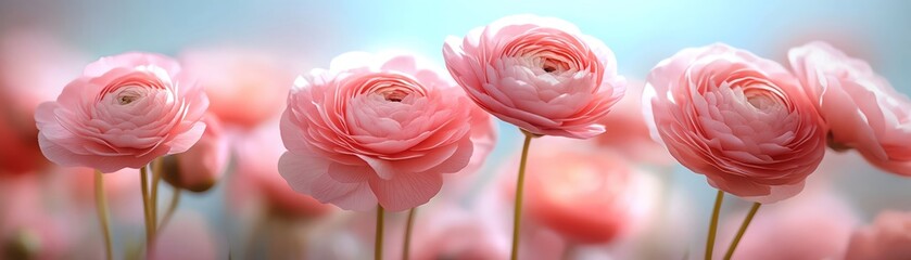Soft pink ranunculus flowers, closeup, gentle light, delicate petals, dreamy ambiance