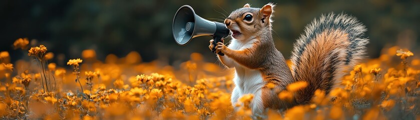 Obraz premium Squirrel holding a megaphone in a field of yellow flowers, quirky scene