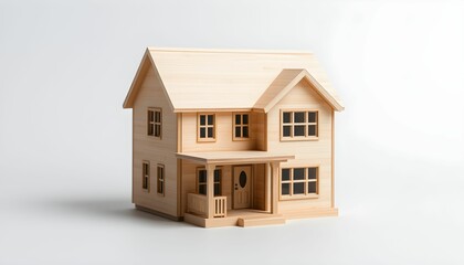 Miniature wooden dollhouse, architectural model, detailed craftsmanship, light balsa wood, tiny porch, miniature windows, scale model, rustic charm