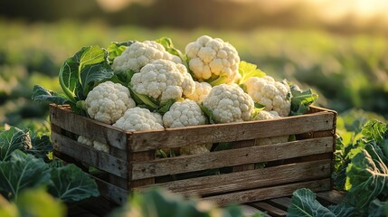 Obraz premium Sunlit crate of cauliflower in field, closeup, golden hour, farm fresh theme