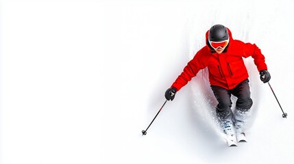 Obraz premium Skier In Red Jacket Creates Snowy Spray On White Background
