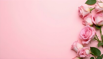 Bouquet of pink roses on light pink background, Pink Roses on a Minimal Pastel Background, Soft Pink Blooming Roses with petals and leaves on Light Pastel Canvas, Soft Pink  Roses on Light Pink Canvas