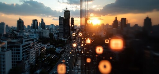 A 5G network against a city backdrop, facilitating communication across various sectors of smart cities