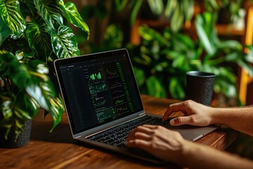 A person using a laptop on a wooden table surrounded by lush green plants, with a dark mug nearby, focused on data or programming.