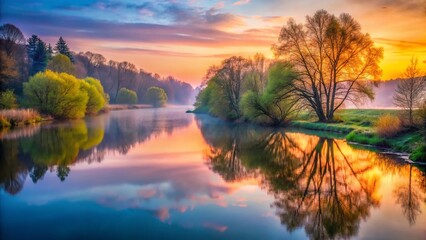 Obraz premium Dusk River Spring Forest Reflection - Early Spring Riverbank Landscape Photography