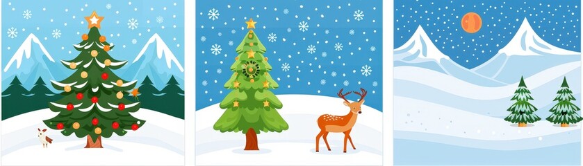Fototapeta premium Three festive winter scenes featuring decorated Christmas trees, a deer, snow, and mountains under a blue sky.