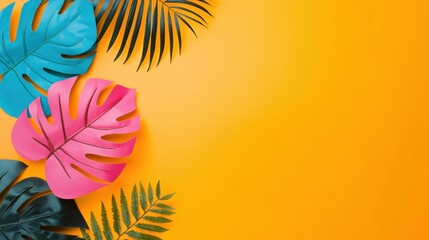 A vibrant leaf collage using monstera, fern, and palm leaves.