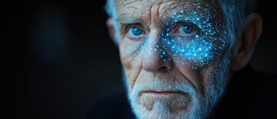 Elderly Man in Cyberspace Surrounded by Binary Code and Artificial Intelligence