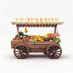 Wooden fruit cart stall, fresh produce display, market scene, perfect for food illustration