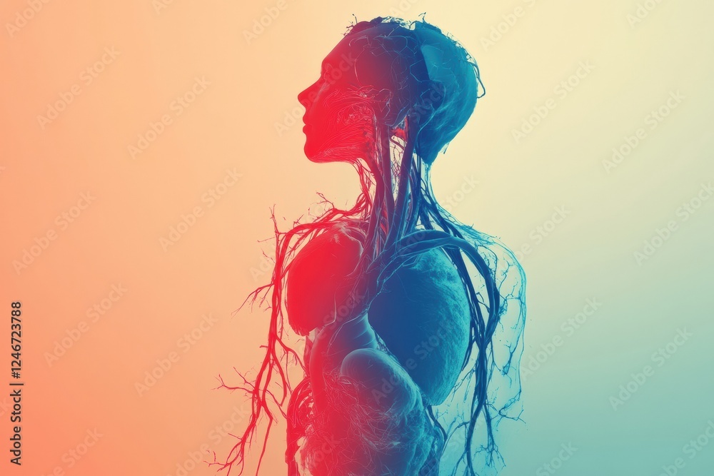 Poster Vivid anatomical representation of the circulatory system showcasing veins arteries and heart in a detailed artistic design. Generative AI