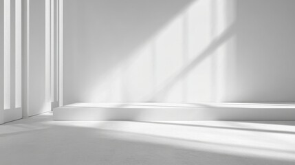 Fototapeta premium A serene, minimalistic interior scene showcasing soft shadows and bright light in a clean, white space.