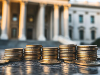 Coins stacked in front of government building symbolize economic interest rates and fiscal policy