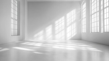 Bright and airy empty space with large windows creating beautiful light patterns on the floor, ideal for various creative projects.