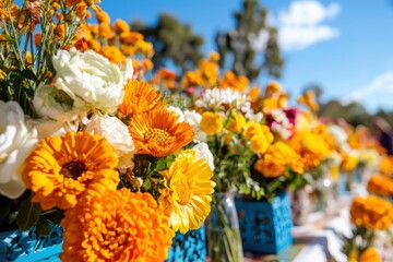 Fototapeta premium Celebrating dia de los muertos with intricate floral arrangements at a mexican fiesta closeup of vibrant altar decorations highlighting cultural significance