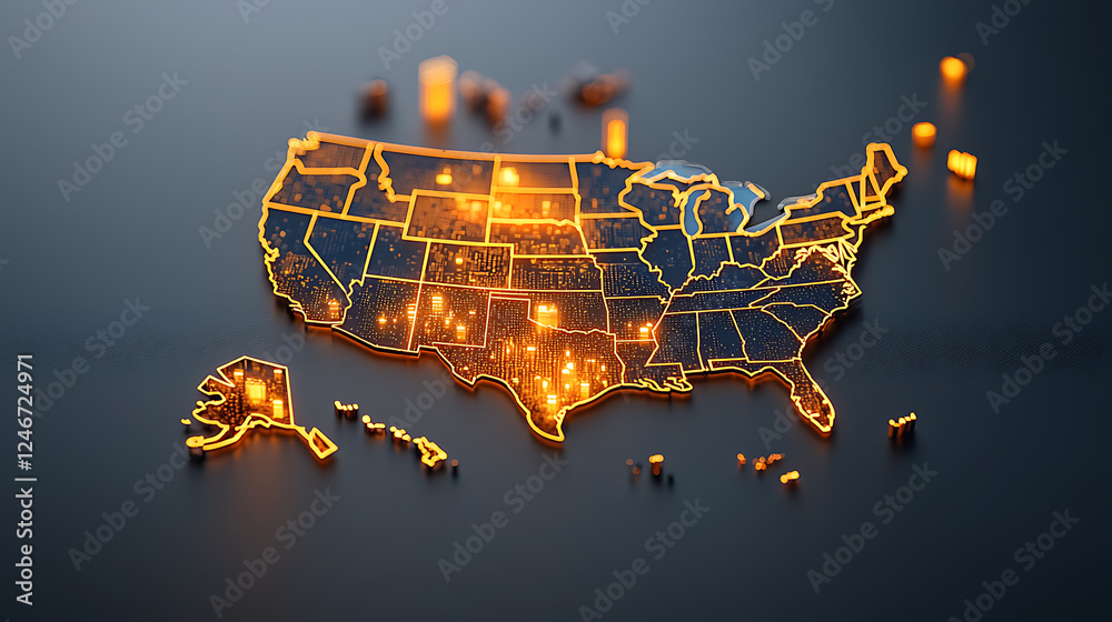 Poster illuminated digital map of the united states data visualization technology interactive display close