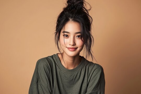 A fashion studio model poses in a beige T-shirt