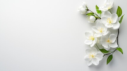 Obraz premium White flowers on branch, spring background, blank space, greeting card