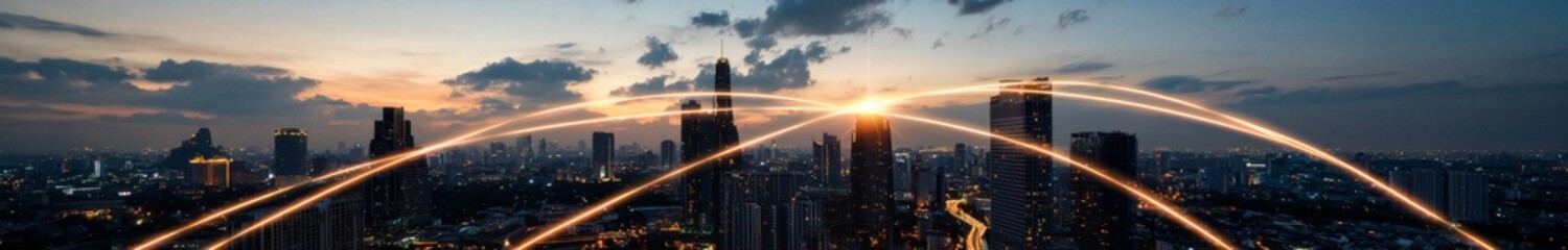 Fototapeta premium Panoramic view of a modern business district at night, featuring lines and dots of connection in the sky, part of a wireless internet network in a smart city