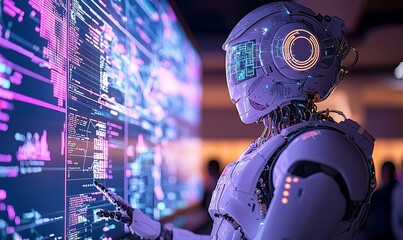 A human-like robot is teaching coding through interactive screens