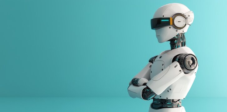 An AI portrait featuring a friendly smile and folded hands, set against a blue backdrop, with ample space around it