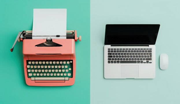 A pink typewriter sits next to a laptop computer