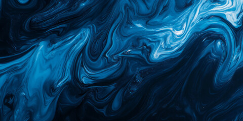 Obraz premium A smooth, dark blue background with swirling, fluid patterns resembling ocean waves. The deep blue hues and subtle movement evoke a sense of tranquility, ideal for wellness branding, spa websites, or