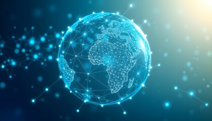 Obraz premium global network, digital world, blue glowing connections, futuristic sphere, interconnected nodes, technology concept, data visualization, abstract globe, cyberspace, information era