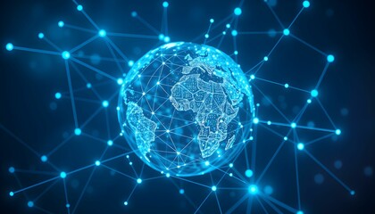 Obraz premium global network, digital world, blue glowing connections, futuristic sphere, interconnected nodes, technology concept, data visualization, abstract globe, cyberspace, information era, digital transform