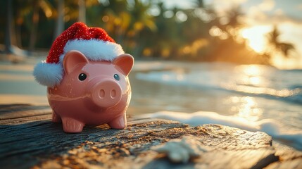 Christmas Beach Vacation Piggy Bank with Santa Hat on Table in Tropical Setting