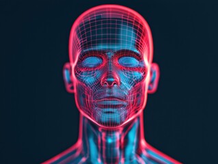 A digital representation of a human head, showcasing a wireframe structure highlighted with vibrant blue and red colors against a dark background.