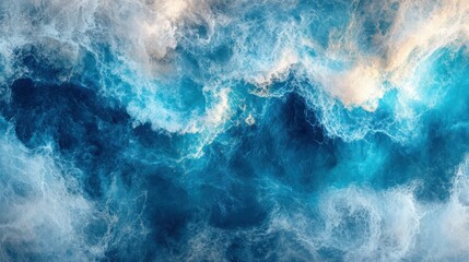 Fototapeta premium Abstract ocean waves, vibrant colors, top-down view, dramatic sky
