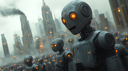 Fototapeta premium Robots standing in dystopian city, smoke, uprising