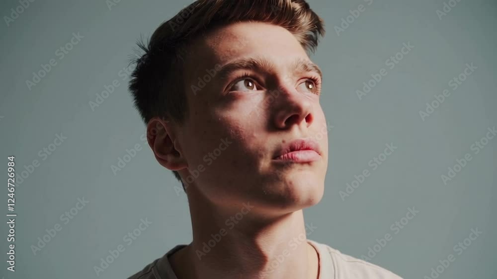 Poster pensive young man looking up with colorful question marks appearing above his head, expressing curio