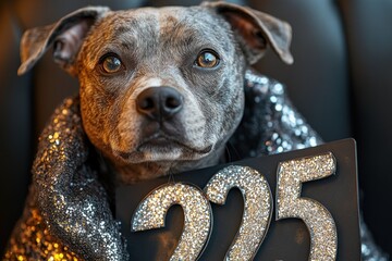 Playful Dog in Silver Coat with 2025 Sign Happy New Year Celebration Isolated on Black Background