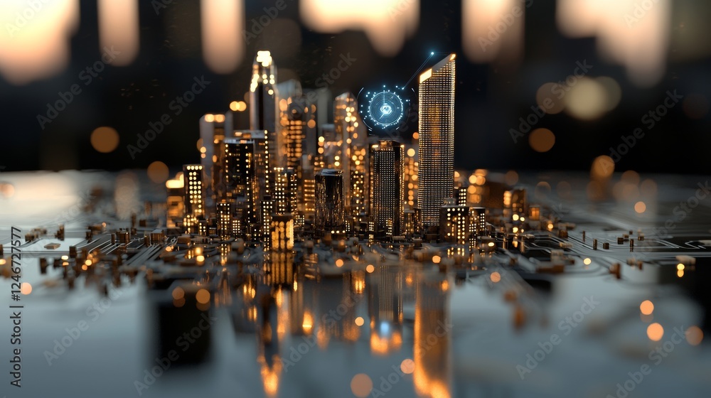 Aufkleber Smart city or network design with low poly wireframe elements and a computer board representing building automation. Set on a dark blue background. Decorated with plexus points and lines. Depicts a