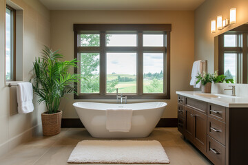 Relaxing bathroom with modern bathtub and scenic view of nature in a tranquil setting