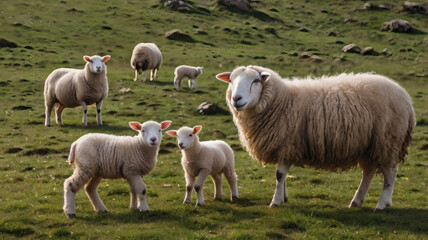 Fototapeta premium Sheep Family Grazing in Green Landscape