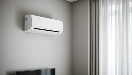 Air conditioning unit, wall mounted, modern interior, plant leaves, soft lighting, minimalist design, beige walls, home comfort, energy efficiency, clean aesthetic