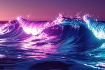Vibrant ocean waves illuminated by colorful light during twilight hours