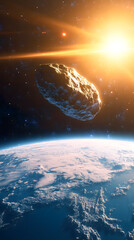 Asteroid approaching planet Earth. Its  a mix of rock, ice, and metallic elements, reflecting the harsh light of the distant Sun. Surface scarred and cratered from eons of cosmic collisions. AI
