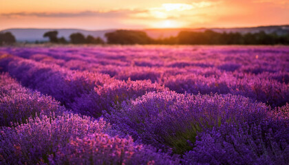 Fototapeta premium Vibrant lavender field at sunset with lavender blossoms and a colorful sky in the background