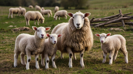 Obraz premium Peaceful Pasture with Sheep and Lambs