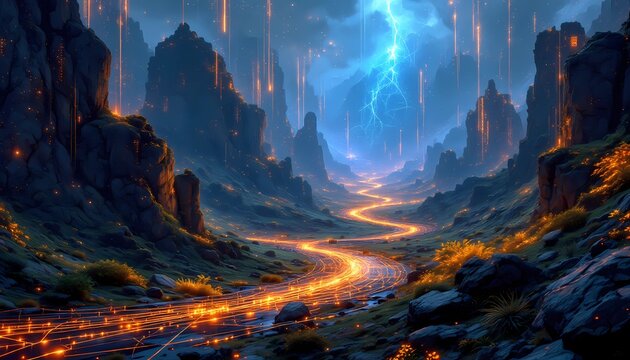 Neon Pathways, A Futuristic Landscape with Electric Storms and Glowing Trails