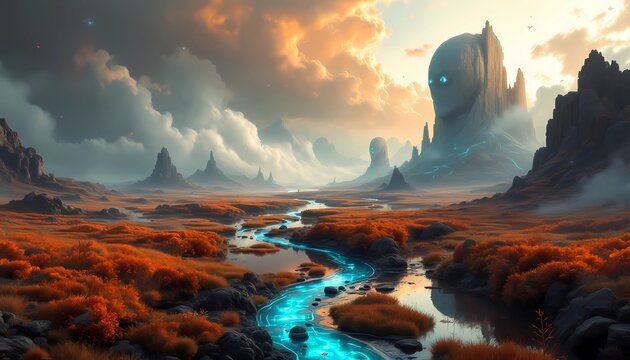 Surreal Landscape with Sculptural Mountains and Luminous River