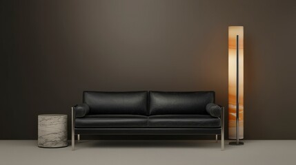 Modern Living Room with Stylish Black Sofa and Soft Lighting
