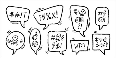 Crayon Speech Bubbles with Abstract Swear Words Vector Set. Chalk Scribble Talking Clouds Collection. Hand Drawn Rude Curse Angry Expressions. Pencil Emphasis Elements Charcoal Doodle Talk Balloons