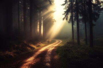 Fototapeta premium Majestic tall oak trees line the inviting woodland trail.